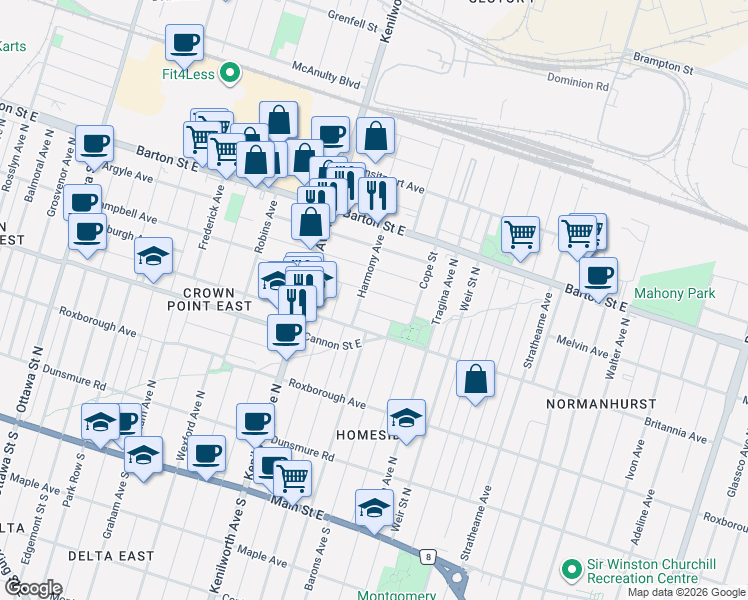 map of restaurants, bars, coffee shops, grocery stores, and more near 128 Hope Avenue in Hamilton