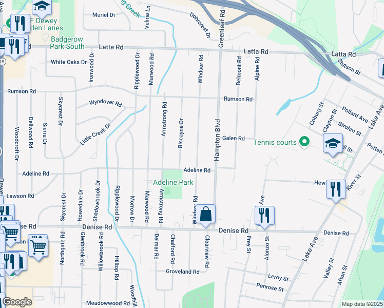 map of restaurants, bars, coffee shops, grocery stores, and more near 220 Windsor Road in Rochester