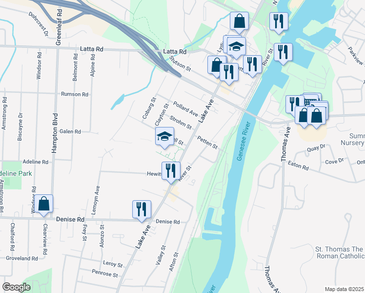 map of restaurants, bars, coffee shops, grocery stores, and more near 4145 Lake Avenue in Rochester