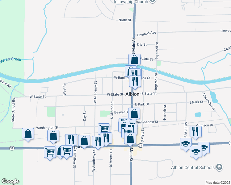 map of restaurants, bars, coffee shops, grocery stores, and more near 11 North Clinton Street in Albion