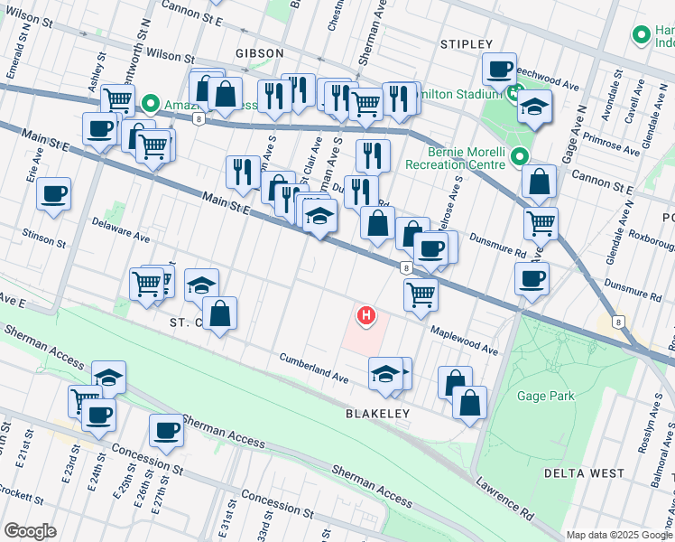 map of restaurants, bars, coffee shops, grocery stores, and more near 26 Blake Street in Hamilton