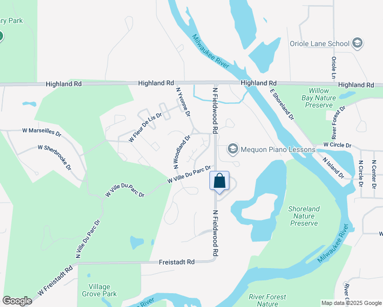 map of restaurants, bars, coffee shops, grocery stores, and more near 12522 North Woodland Drive in Mequon