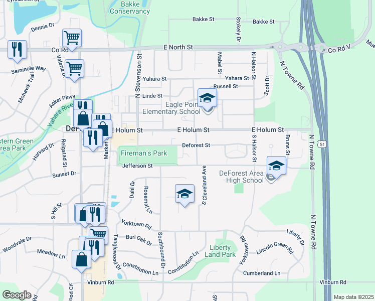 map of restaurants, bars, coffee shops, grocery stores, and more near 204 South Cleveland Avenue in DeForest