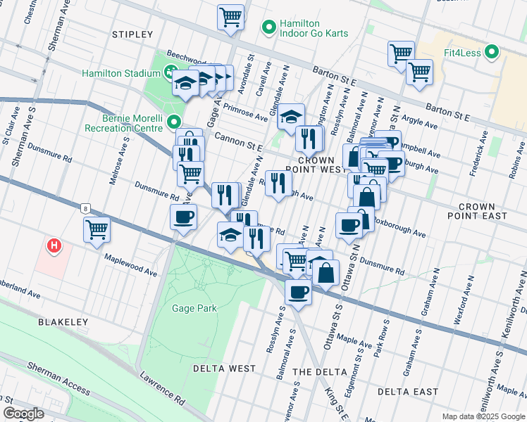 map of restaurants, bars, coffee shops, grocery stores, and more near 50 Belview Avenue in Hamilton