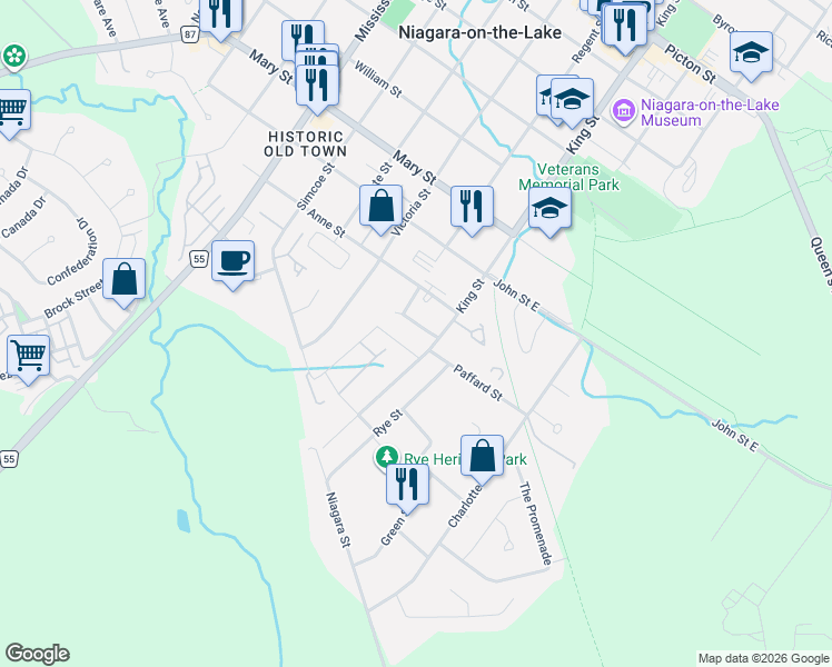 map of restaurants, bars, coffee shops, grocery stores, and more near 3 Evergreen Lane in Niagara-on-the-Lake