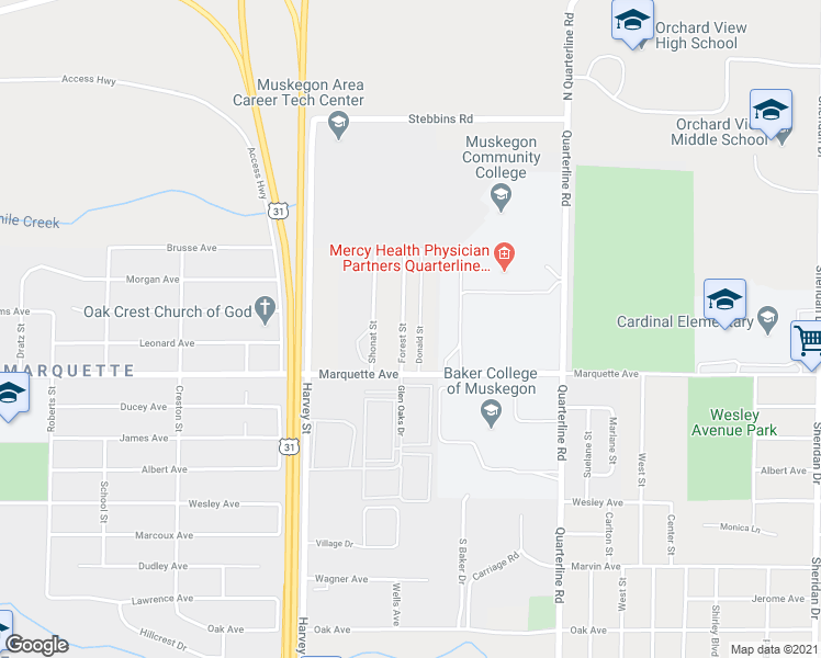 map of restaurants, bars, coffee shops, grocery stores, and more near 331 Donald Street in Muskegon
