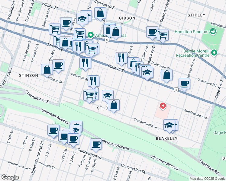 map of restaurants, bars, coffee shops, grocery stores, and more near 146 Delaware Avenue in Hamilton