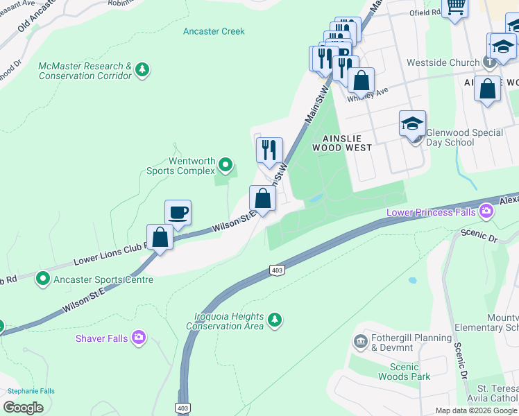 map of restaurants, bars, coffee shops, grocery stores, and more near 3135 Main Street West in Hamilton