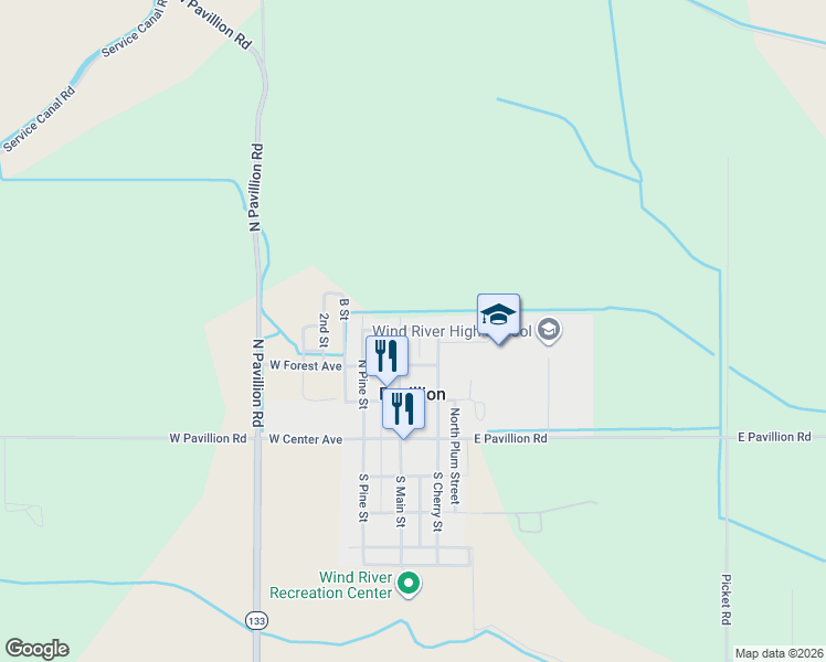 map of restaurants, bars, coffee shops, grocery stores, and more near 111 East Euclid Avenue in Pavillion