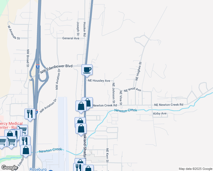 map of restaurants, bars, coffee shops, grocery stores, and more near 577 NE Housley Ave in Roseburg