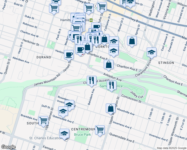 map of restaurants, bars, coffee shops, grocery stores, and more near 38 Kingsway Drive in Hamilton