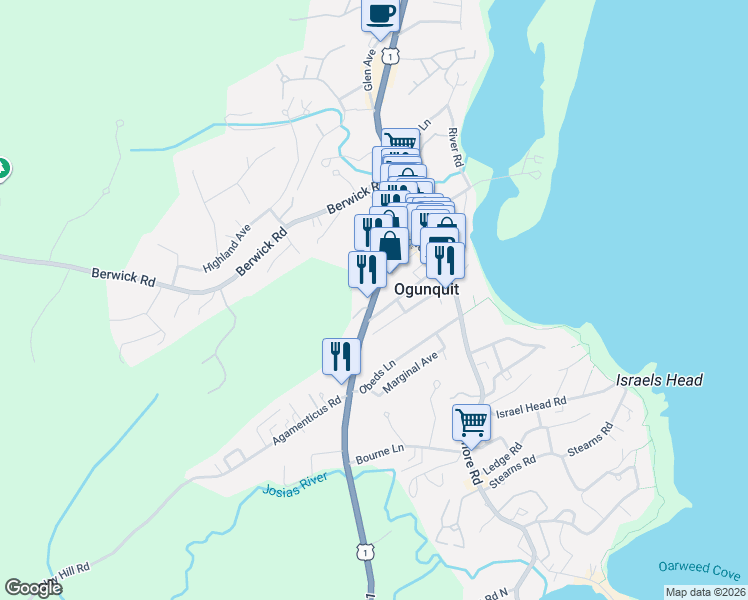 map of restaurants, bars, coffee shops, grocery stores, and more near 114 Main Street in Ogunquit