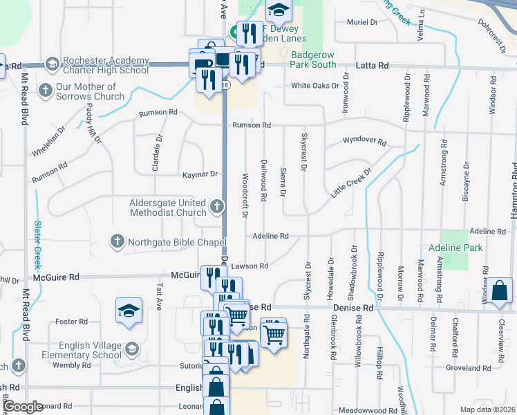 map of restaurants, bars, coffee shops, grocery stores, and more near 223 Dellwood Road in Rochester
