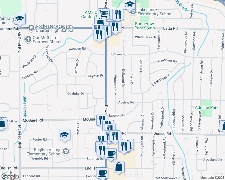 map of restaurants, bars, coffee shops, grocery stores, and more near 223 Woodcroft Dr in Rochester