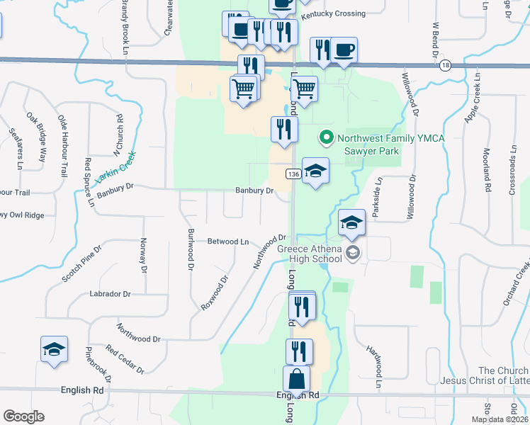 map of restaurants, bars, coffee shops, grocery stores, and more near 16 Shanbrook Dr in Rochester