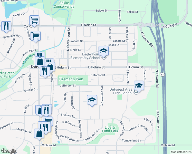 map of restaurants, bars, coffee shops, grocery stores, and more near 204 S Cleveland Ave in DeForest