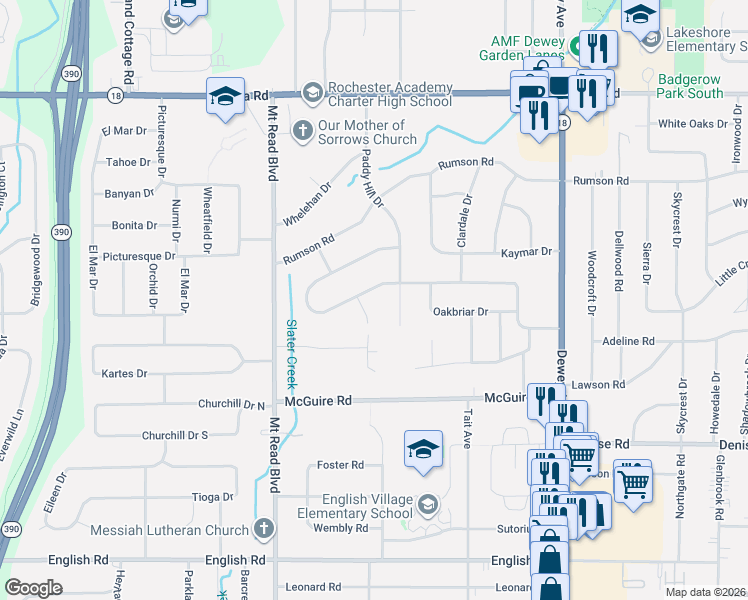 map of restaurants, bars, coffee shops, grocery stores, and more near 373 Meadowbriar Road in Rochester