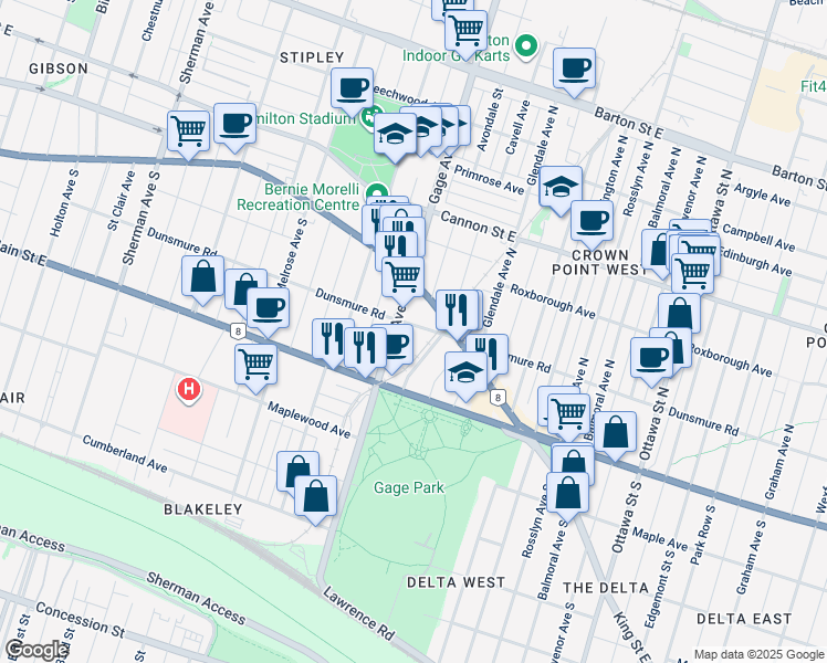 map of restaurants, bars, coffee shops, grocery stores, and more near in Hamilton