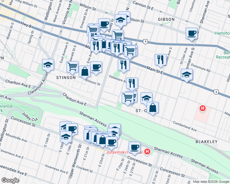 map of restaurants, bars, coffee shops, grocery stores, and more near 109 Myrtle Avenue in Hamilton