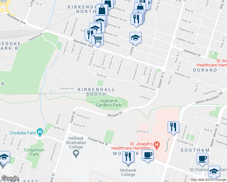 map of restaurants, bars, coffee shops, grocery stores, and more near 93 Mountain Avenue in Hamilton