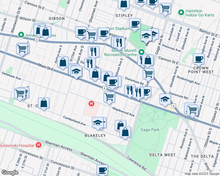 map of restaurants, bars, coffee shops, grocery stores, and more near 875 Main Street East in Hamilton