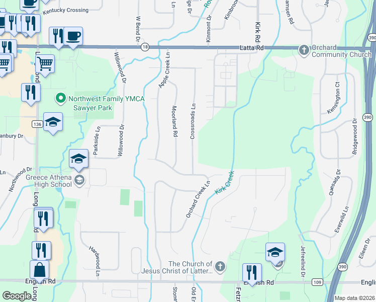 map of restaurants, bars, coffee shops, grocery stores, and more near 187 Crossroads Ln in Rochester