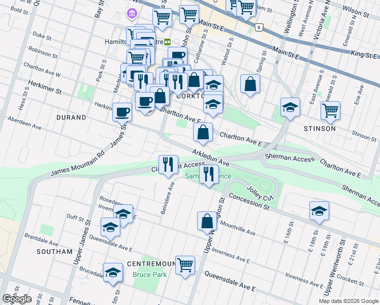 map of restaurants, bars, coffee shops, grocery stores, and more near 66 Arkledun Avenue in Hamilton