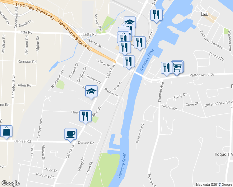 map of restaurants, bars, coffee shops, grocery stores, and more near 188 River Street in Rochester