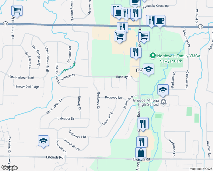 map of restaurants, bars, coffee shops, grocery stores, and more near 16 Kettering Drive in Rochester