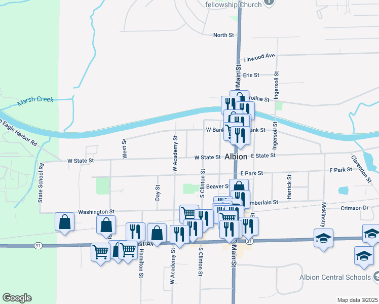 map of restaurants, bars, coffee shops, grocery stores, and more near 5 East Academy Street in Albion