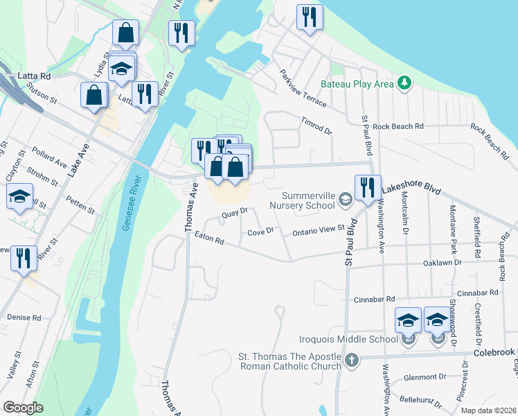 map of restaurants, bars, coffee shops, grocery stores, and more near 38 Quay Drive in Rochester