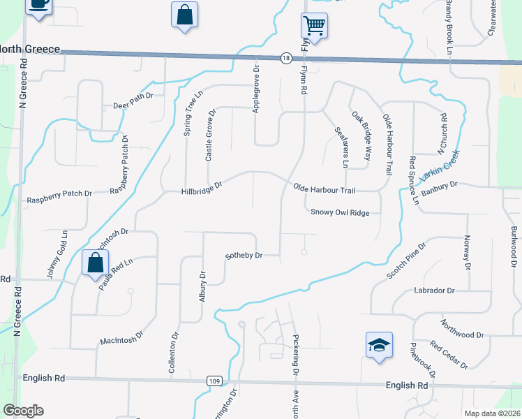 map of restaurants, bars, coffee shops, grocery stores, and more near 54 Hillbridge Circle in Rochester