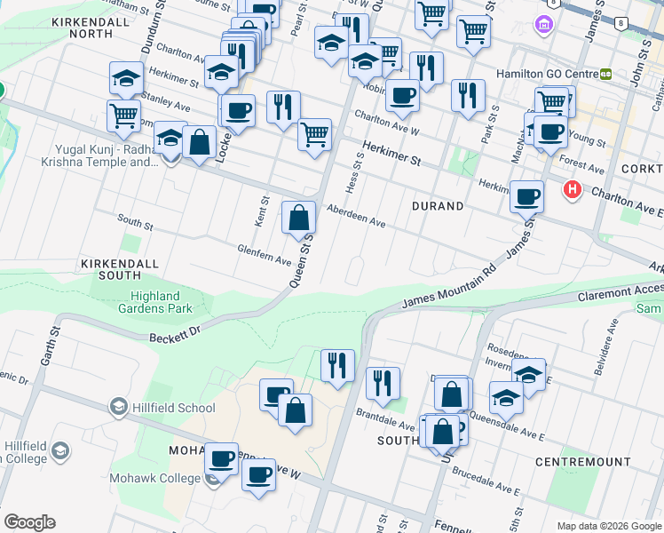 map of restaurants, bars, coffee shops, grocery stores, and more near 393 Hess Street South in Hamilton