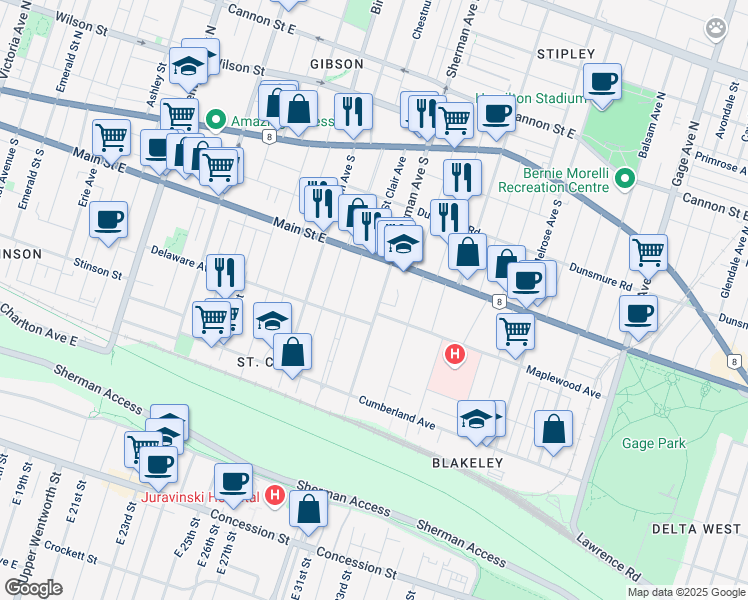 map of restaurants, bars, coffee shops, grocery stores, and more near 160 Sherman Avenue South in Hamilton
