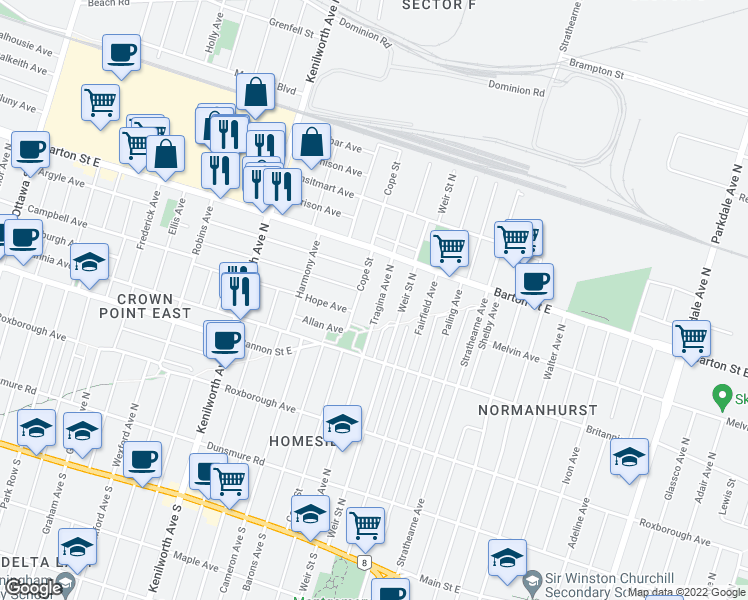 map of restaurants, bars, coffee shops, grocery stores, and more near 253 Tragina Avenue North in Hamilton