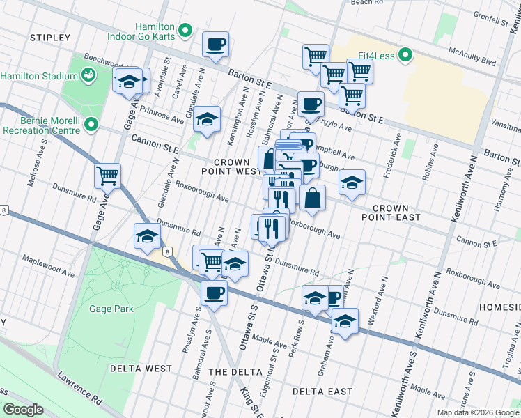map of restaurants, bars, coffee shops, grocery stores, and more near 153 Grosvenor Avenue North in Hamilton