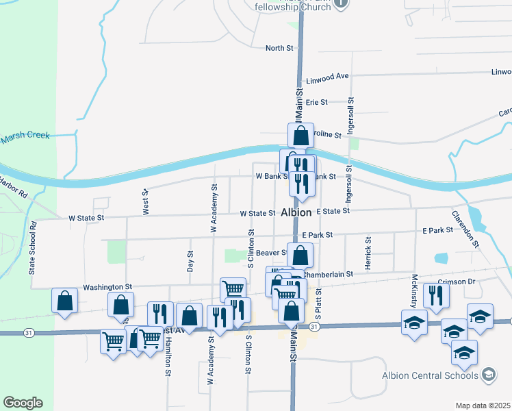 map of restaurants, bars, coffee shops, grocery stores, and more near 11 North Clinton Street in Albion