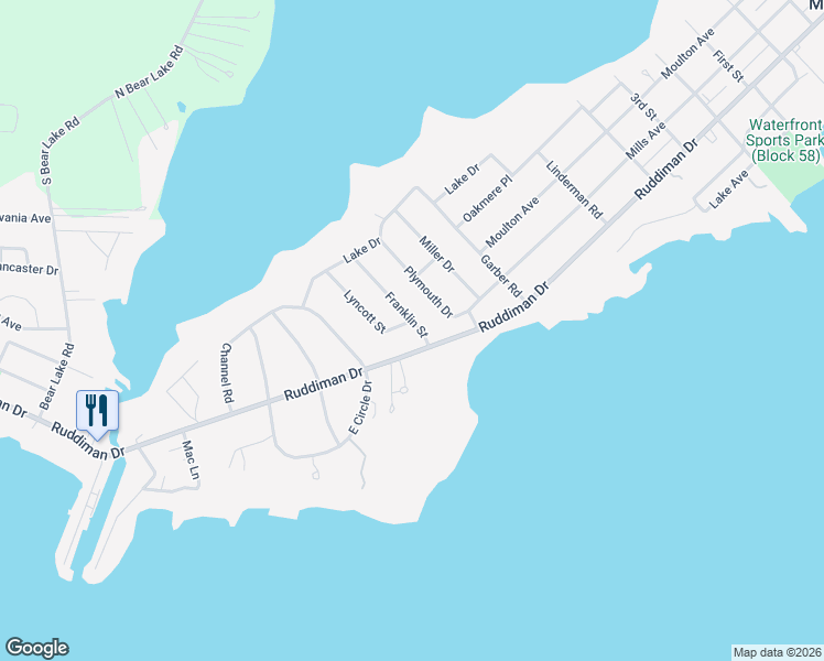 map of restaurants, bars, coffee shops, grocery stores, and more near 575 Franklin Street in Muskegon