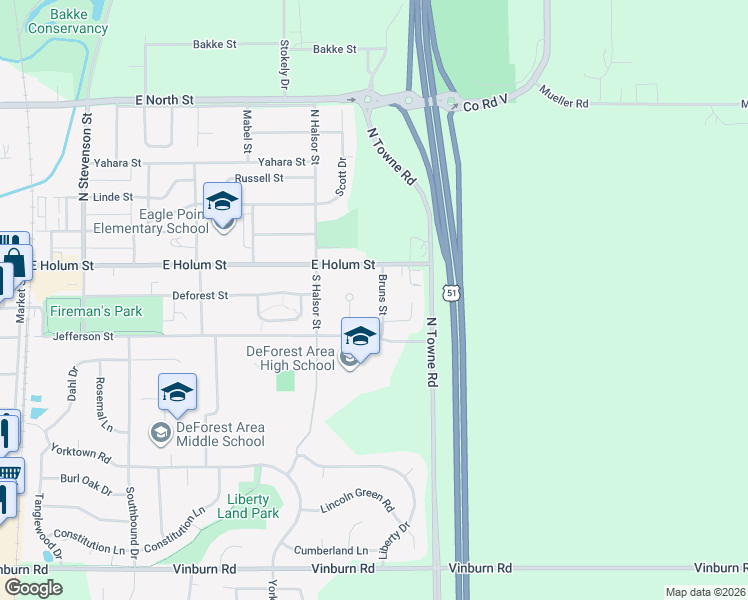 map of restaurants, bars, coffee shops, grocery stores, and more near 204 Bruns Street in DeForest
