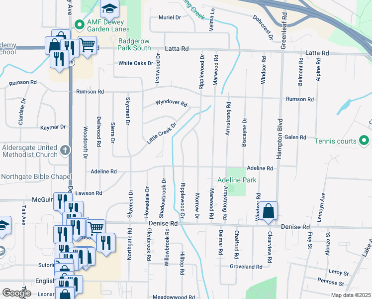 map of restaurants, bars, coffee shops, grocery stores, and more near 224 Ripplewood Drive in Rochester