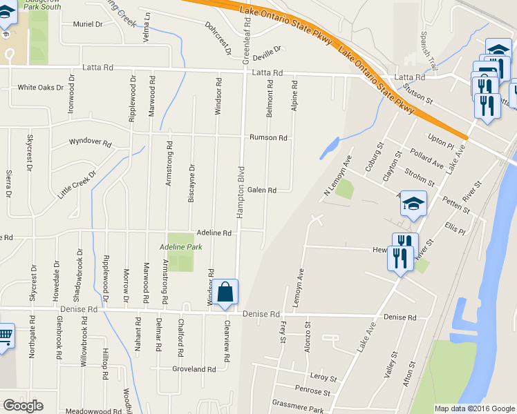 map of restaurants, bars, coffee shops, grocery stores, and more near 56 Belmont Road in Rochester