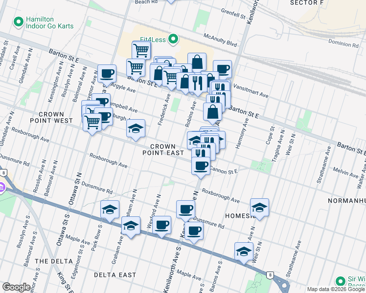 map of restaurants, bars, coffee shops, grocery stores, and more near 60 Robins Avenue in Hamilton