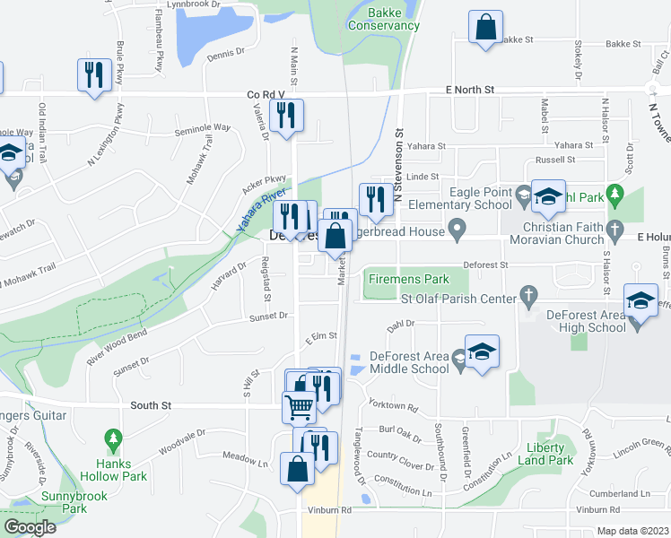 map of restaurants, bars, coffee shops, grocery stores, and more near 142 Market Street in DeForest