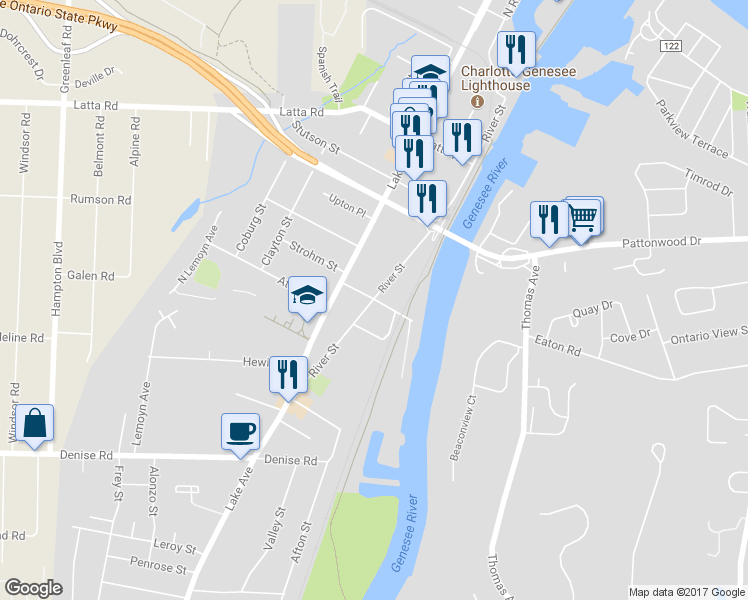 map of restaurants, bars, coffee shops, grocery stores, and more near 180 River Street in Rochester