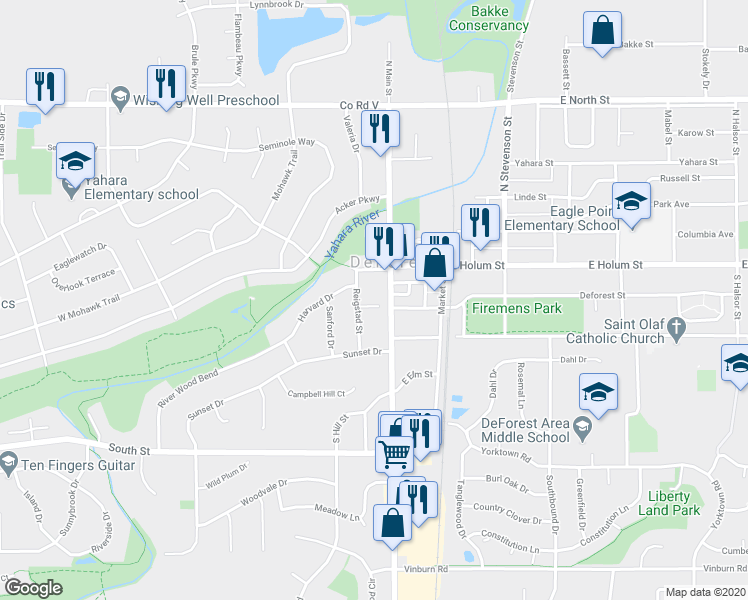 map of restaurants, bars, coffee shops, grocery stores, and more near 100 Quam Ln in DeForest