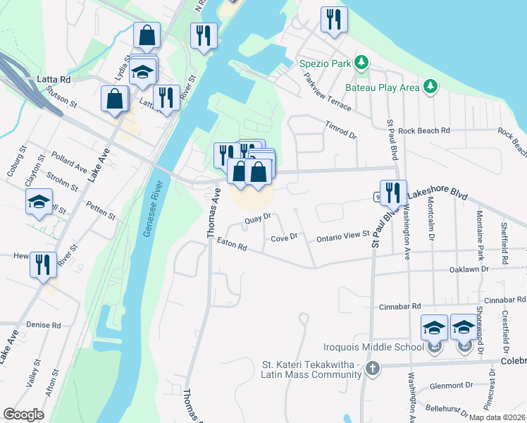 map of restaurants, bars, coffee shops, grocery stores, and more near 66 Quay Drive in Rochester
