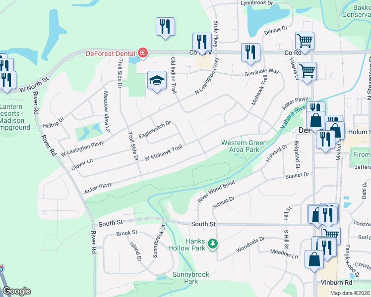 map of restaurants, bars, coffee shops, grocery stores, and more near 613 West Mohawk Trail in DeForest