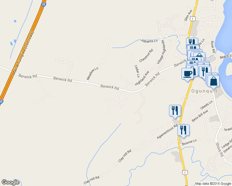 map of restaurants, bars, coffee shops, grocery stores, and more near 2 Maple Street in Ogunquit