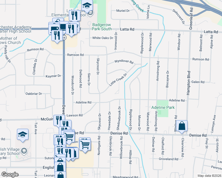 map of restaurants, bars, coffee shops, grocery stores, and more near 213 Little Creek Drive in Rochester