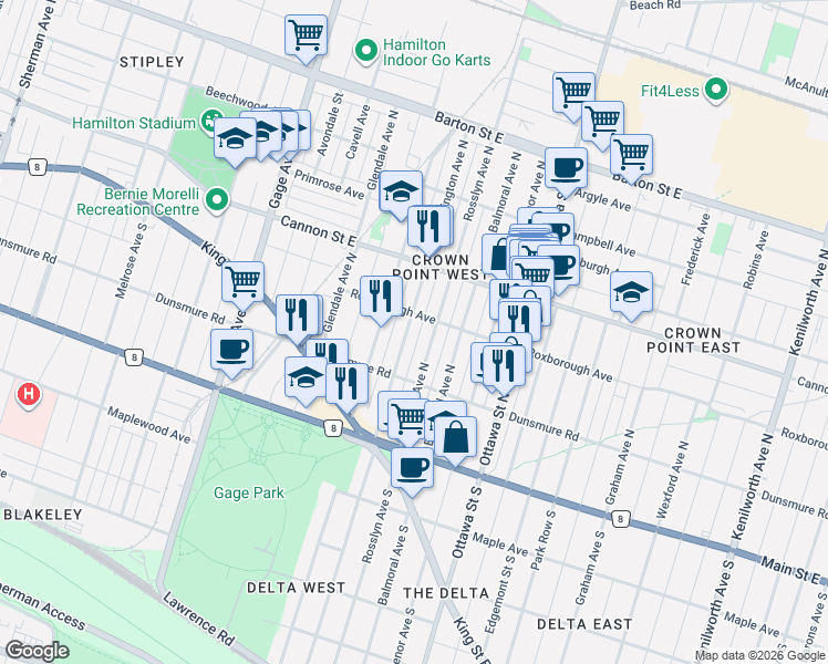 map of restaurants, bars, coffee shops, grocery stores, and more near in Hamilton